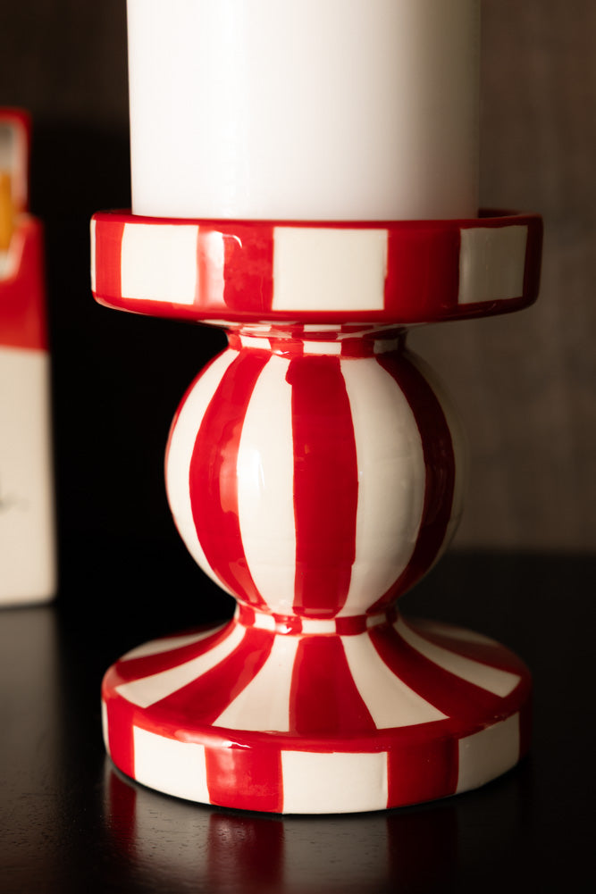 Red & White Stripe Pillar Candle Holder