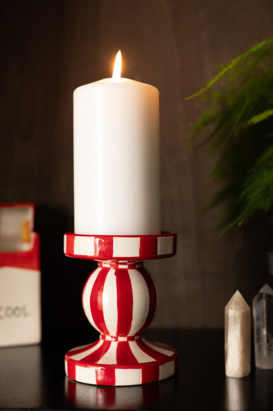 Red & White Stripe Pillar Candle Holder