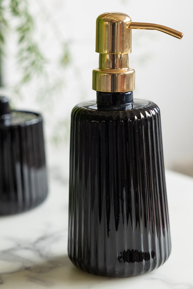 Ribbed Black Glass & Gold Effect Soap Dispenser - 350ml