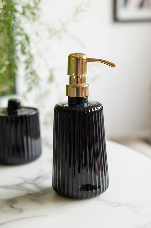 Ribbed Black Glass & Gold Effect Soap Dispenser - 350ml